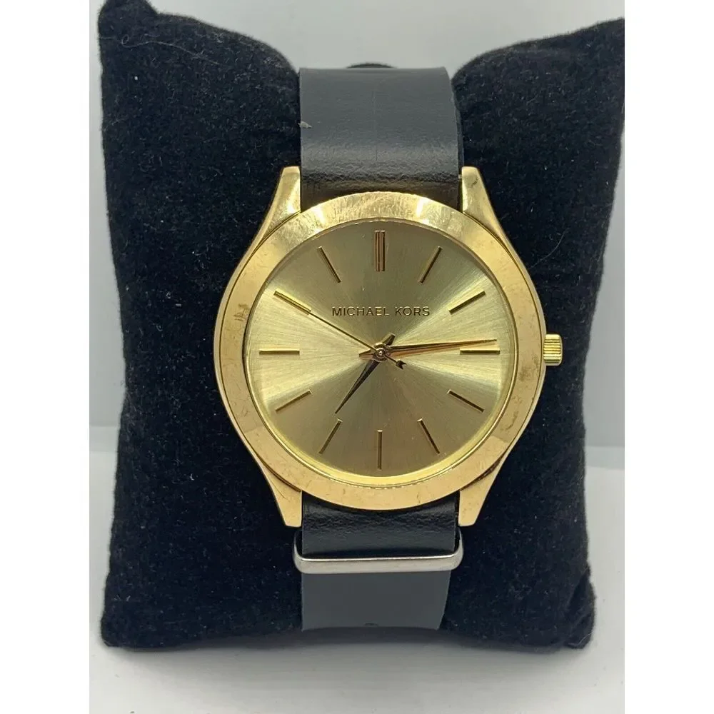 Michael Kors MK3179 Women's Black Leather Strap Analog Gold dial Watch KL194